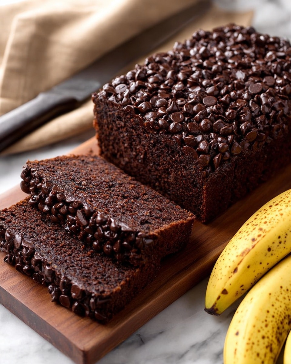 A loaf of dark chocolate banana bread is shown on a wooden board. The bread has a thick layer visible inside, filled with many small, glossy dark chocolate chips that are spread evenly throughout the three slices in front. The top of the loaf is fully covered with a dense layer of the same chocolate chips, giving a rough texture. In the bottom right corner, there are three ripe yellow bananas with brown spots resting on a surface with a white marbled texture. A large knife and a beige cloth are seen slightly blurred in the background. Photo taken with an iphone --ar 4:5 --v 7
