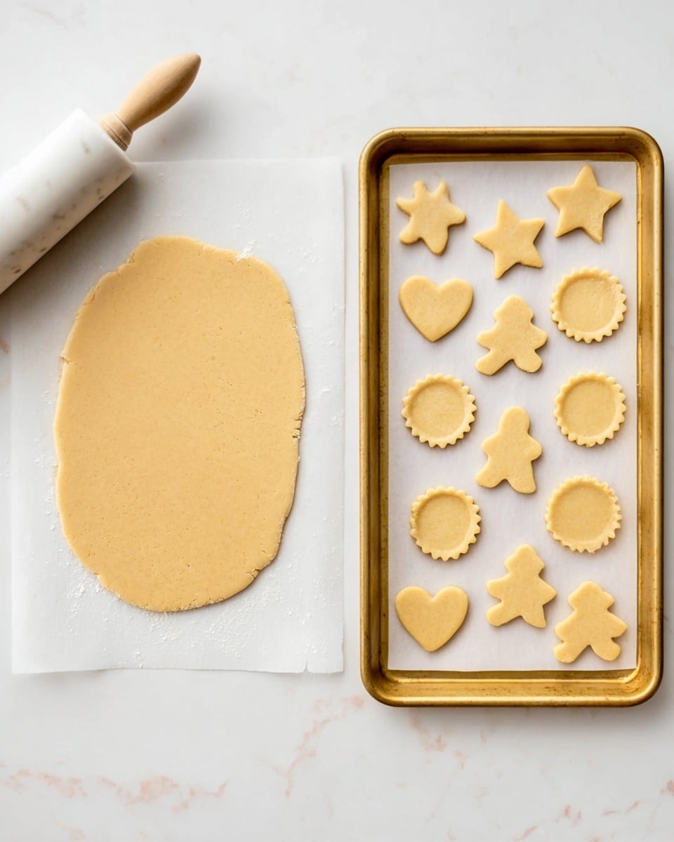 The image shows two side-by-side scenes on a white marbled surface. On the left, there is a light brown dough rolled out flat in an irregular oval shape on parchment paper, with a white marble rolling pin resting on the top right edge of the dough. On the right, a golden baking tray lined with parchment paper holds 15 uncooked cookie dough shapes arranged neatly: four star shapes, four gingerbread people, four hearts, and three round scalloped-edge circles, all in a pale yellow dough. The image has soft, natural lighting and a clean, simple look. Photo taken with an iphone --ar 4:5 --v 7