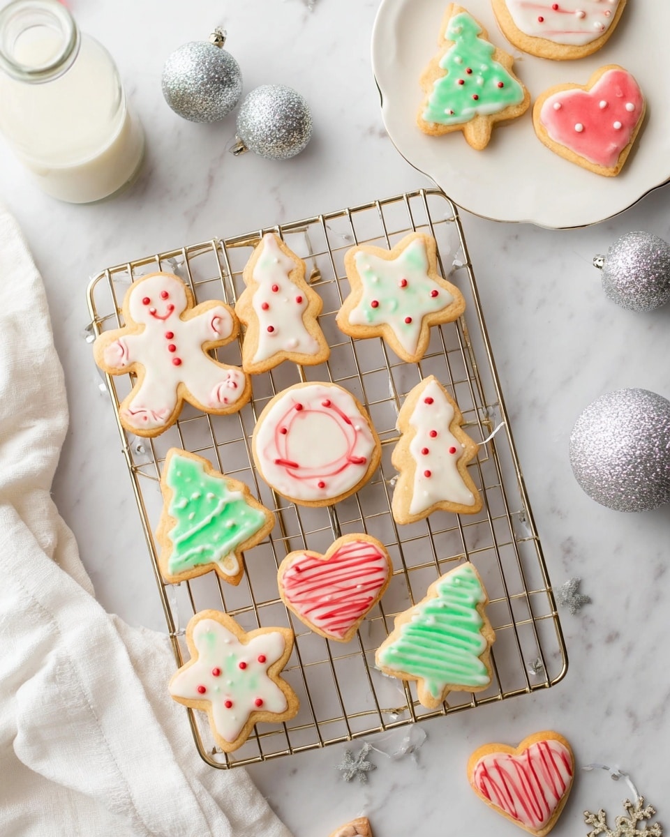 A wire cooling rack on a white marbled surface holds eleven decorated sugar cookies in different shapes: two gingerbread people with white icing and small colored dots, two stars with white icing and red dots, two round cookies with white icing and red stripes or dots, two Christmas trees with green icing stripes and red dots, and two solid red hearts. Nearby, a white plate holds more cookies with similar icing styles. Silver glittery ornaments and a white cloth are scattered around, with a small glass bottle of milk at the top left. The cookies have a smooth, glossy texture with soft pastel colors. Photo taken with an iphone --ar 4:5 --v 7