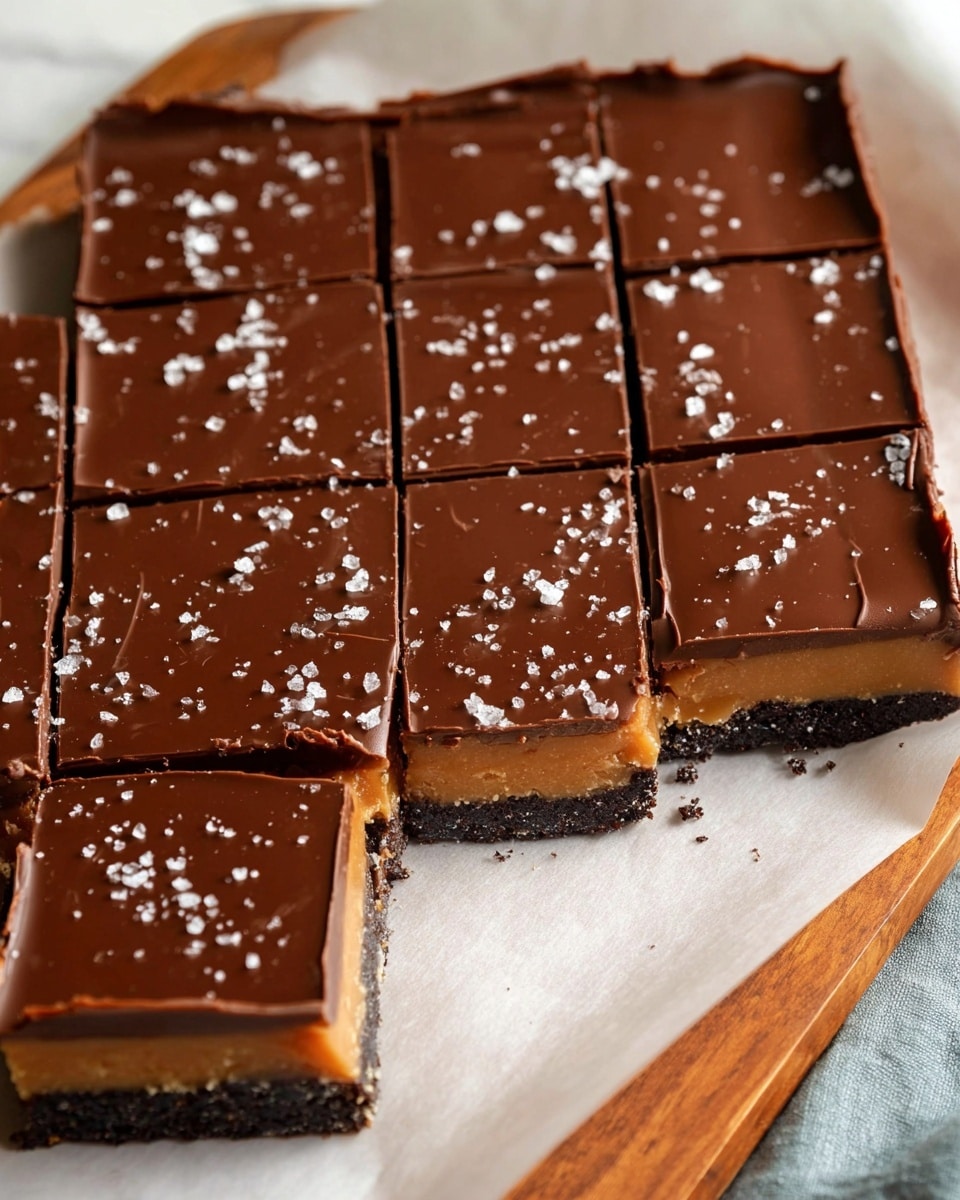 A large rectangular dessert is shown on white parchment paper over a wooden board with a white marbled texture background. The dessert has three visible layers: a dark crumbly bottom layer, a thick middle layer of smooth caramel, and a top layer of shiny milk chocolate that looks soft and slightly wrinkled. The chocolate is sprinkled with coarse sea salt crystals across the surface. The dessert is cut into small square pieces, with one piece slightly lifted on the right side to reveal the layers clearly. Photo taken with an iphone --ar 4:5 --v 7