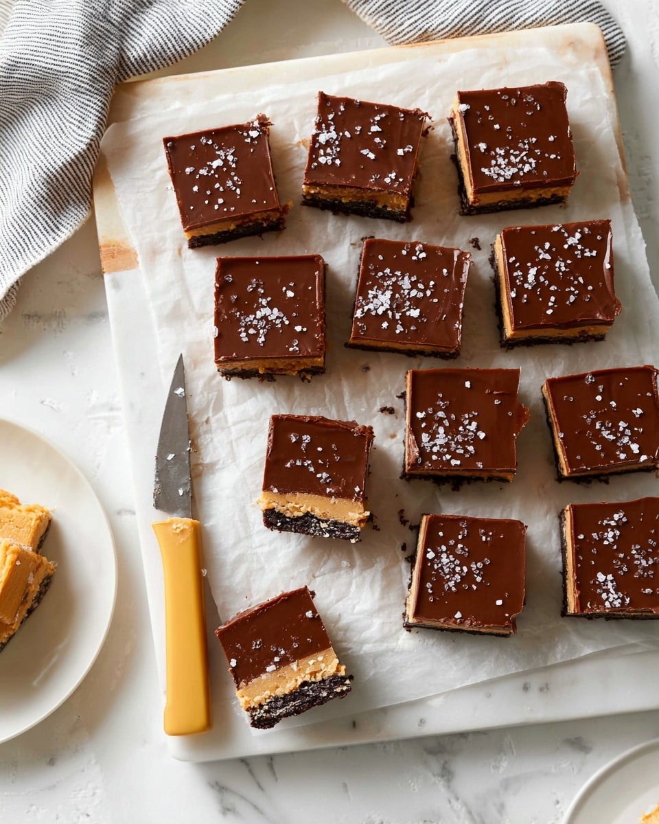 Twelve square dessert bars arranged on a white board with parchment paper, each bar showing three visible layers: a dark crumbly base, a light brown middle layer, and a smooth chocolate top sprinkled with coarse salt. One bar is slightly tilted, showing the layers clearly. On the left side of the board, there is a knife with a yellow handle resting on the white marbled surface. A white plate with a yellow pastry and a striped cloth add subtle background detail. Photo taken with an iphone --ar 4:5 --v 7