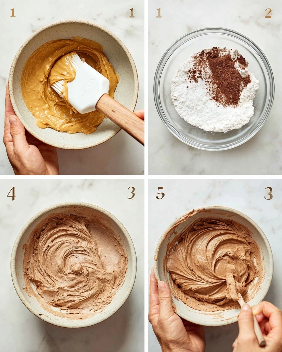 A collage of four images shows the process of making a creamy spread. In the first image, a woman's hand holds a light beige bowl with a mixture of thick peanut butter and white powdered sugar, stirred with a spatula that has a white head and wooden handle, all placed on a white marbled surface. The second image shows a clear bowl containing white cream topped with dark cocoa powder and a small pinch of white salt, also on the white marbled surface. The third image displays the mixture from the second bowl whipped into a light brown, smooth, and creamy texture with swirls visible on the surface. The fourth image has a woman's hand holding a white bowl of fluffy chocolate mousse topped with some thick peanut butter, while another woman's hand stirs the peanut butter into the mousse with a spoon, all on the same white marbled surface. Photo taken with an iphone --ar 4:5 --v 7