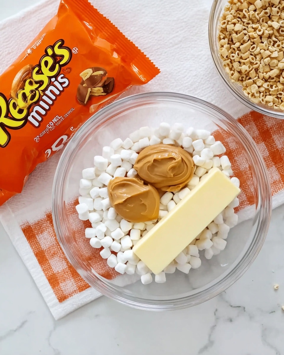 A clear glass bowl sits on a white marbled surface, filled with tiny white mini marshmallows as the bottom layer. On top of the marshmallows, there is a long, rectangular stick of pale yellow butter placed horizontally near the edge of the bowl. Two dollops of smooth, light brown peanut butter rest on the marshmallows, one larger and one smaller, overlapping slightly in the center. To the upper left of the bowl, an orange Reese's Minis candy bag lies flat with the printed logo clearly visible. In the top right corner, part of another clear glass bowl filled with small, light tan cereal pieces is visible. A white towel with orange text and checkered border is placed underneath the Reese's bag and bowl edges. Photo taken with an iphone --ar 4:5 --v 7