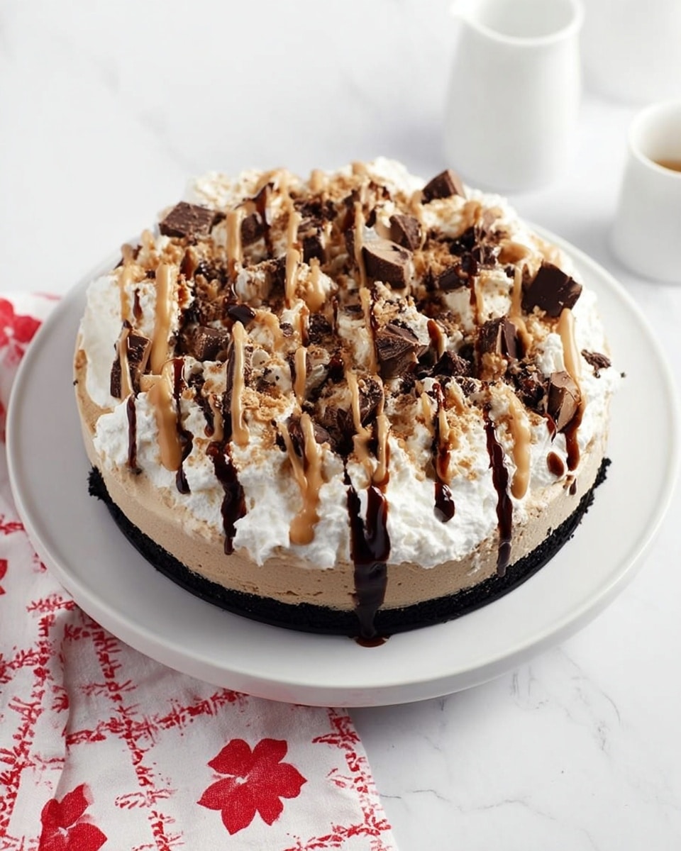 A round, multi-layered dessert sits on a white plate on a white marbled surface with a red and white floral cloth nearby. The bottom layer is dark and crumbly, topped by a thick, smooth, light tan layer. Above that is a generous layer of white whipped cream with a fluffy texture, covered with irregular chunks of chopped chocolate pieces scattered across. Drizzled over the top are alternating streams of dark chocolate syrup and light brown peanut butter sauce, creating a visually rich and textured finish. The arrangement is neat yet rustic. Photo taken with an iphone --ar 4:5 --v 7