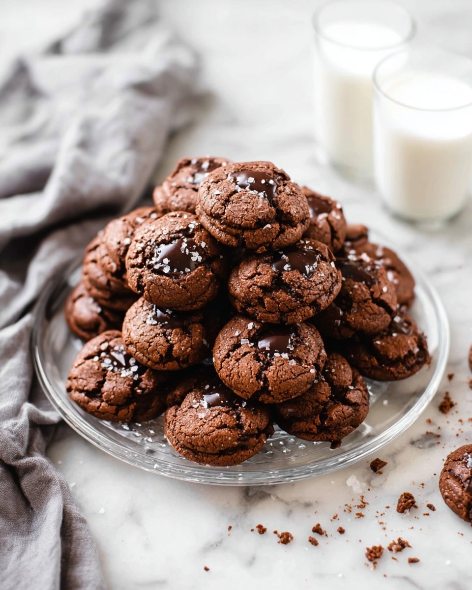A clear white round plate with a large pile of small dark brown cookies stacked in a dome shape, each cookie showing melted dark chocolate spots and some sprinkled with coarse sea salt on top. The cookies have a rough, slightly cracked texture. The plate is on a white marbled surface with some cookie crumbs scattered around, and two glasses of milk are placed nearby. A soft gray cloth is draped next to the plate. Photo taken with an iphone --ar 4:5 --v 7