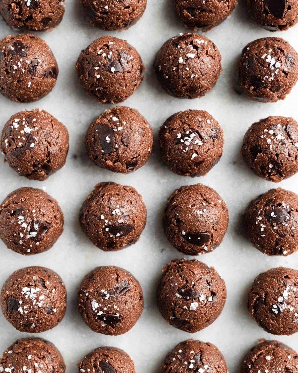 This image shows an even grid of chocolate cookie dough balls placed tightly on a white marble surface. Each cookie dough ball is round and textured, with a deep brown color and some dark chocolate chunks visible on the surface. The tops of the cookie dough balls are sprinkled lightly with coarse white sea salt flakes, adding a contrast in color and texture. The dough balls have a slightly rough and creamy texture with small cracks and ridges showing details of the dough. The overall look is fresh and ready to bake, arranged neatly in straight rows and columns, tightly packed close to each other. Photo taken with an iphone --ar 4:5 --v 7