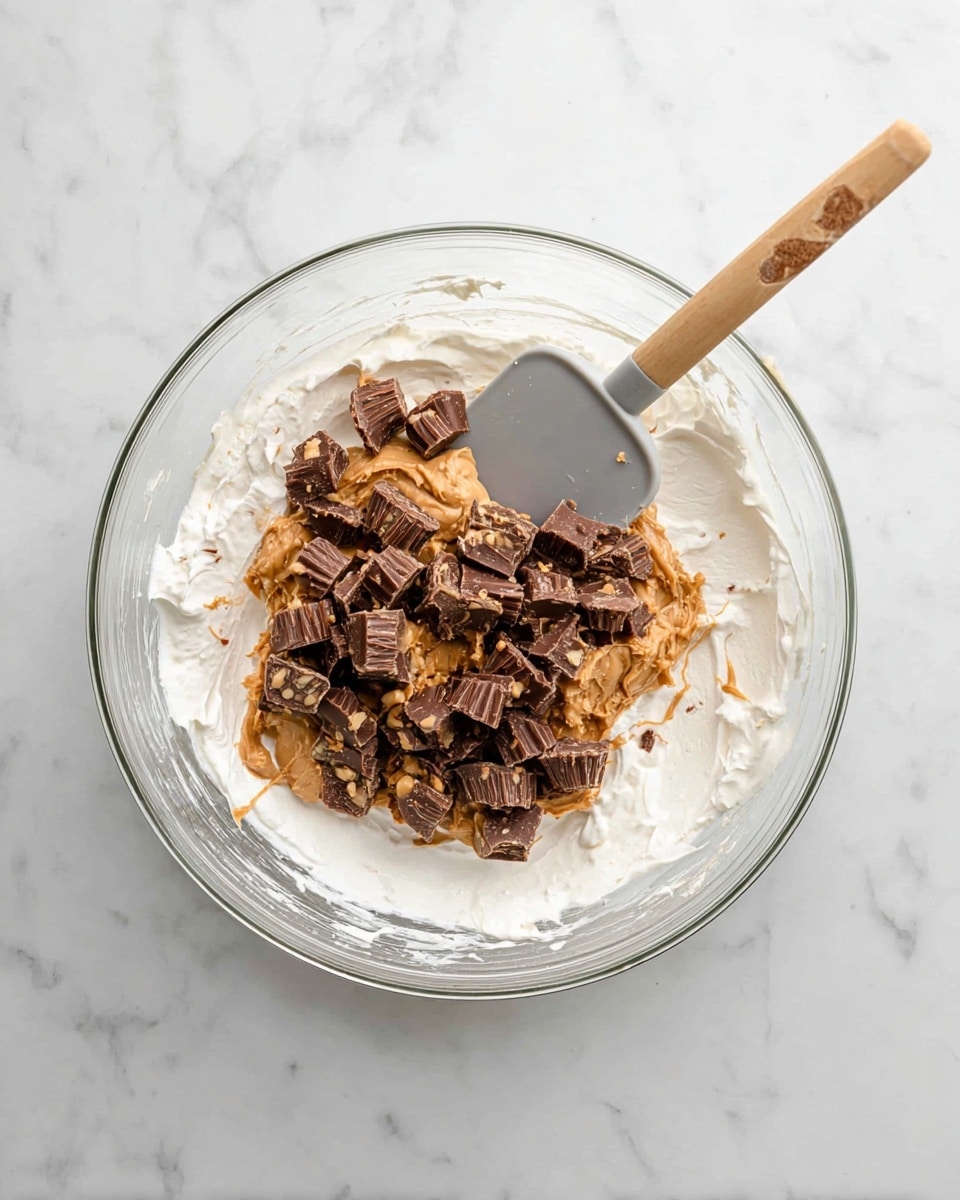 A clear glass bowl sits on a white marbled surface, filled with three visible layers of ingredients. The bottom layer is thick and creamy white, likely whipped cream or a similar texture. On top of this is a spread of light brown, smooth peanut butter, partially mixed into the white base. The top layer consists of small, uneven chunks of chocolate peanut butter cups scattered over the peanut butter and white cream. A spatula with a light wooden handle and a gray silicone head rests in the bowl, partially covered with the peanut butter and white cream mixture. photo taken with an iphone --ar 4:5 --v 7