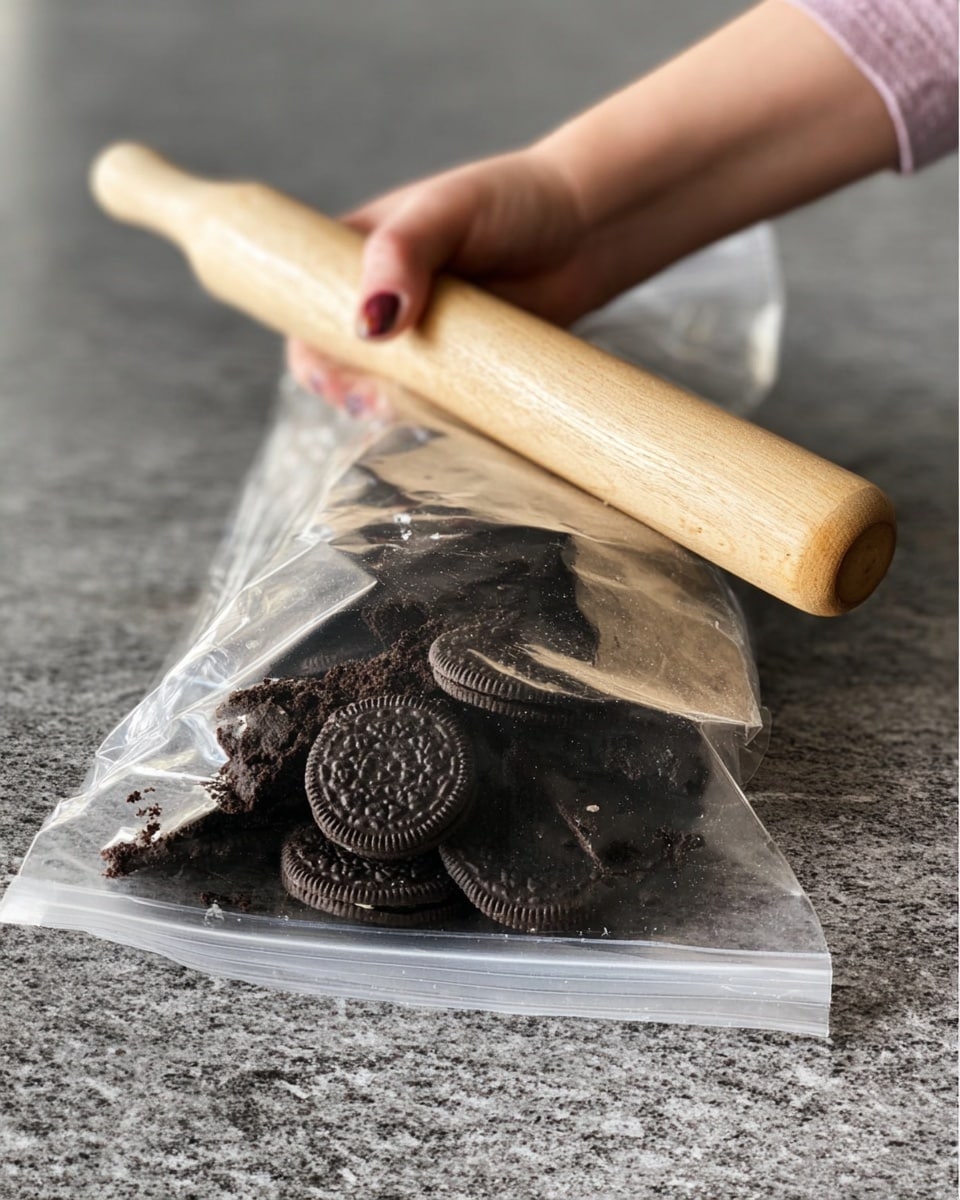 A close-up photo shows a woman's hand holding a light wooden rolling pin over a clear ziplock bag filled with dark chocolate sandwich cookies. The bag is placed on a gray granite countertop. The cookies inside the bag are whole and crushed, with some visible crumbs and white cream in the middle. The woman’s hand is pressing the rolling pin down to crush the cookies. The scene has a casual kitchen vibe. Photo taken with an iphone --ar 4:5 --v 7