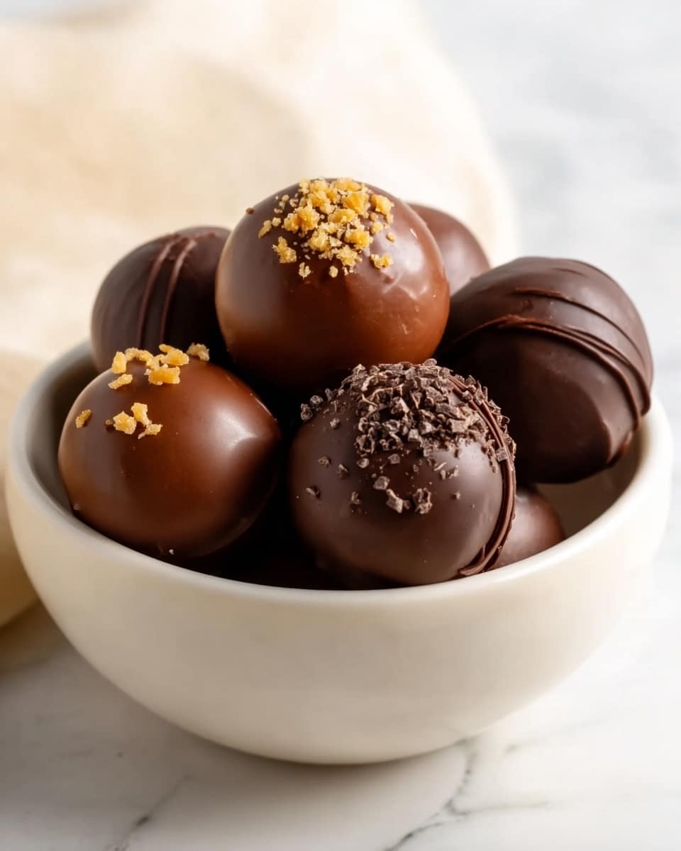 A close-up of a white bowl filled with six round chocolate truffles, each with a smooth, glossy surface. The truffles vary slightly in decoration: some have small golden crumbs scattered on top, one has fine dark chocolate flakes, and the central truffle is topped with a thin swirl of darker chocolate. The bowl sits on a white marbled surface, and the background is softly blurred with a light tone. Photo taken with an iphone --ar 4:5 --v 7