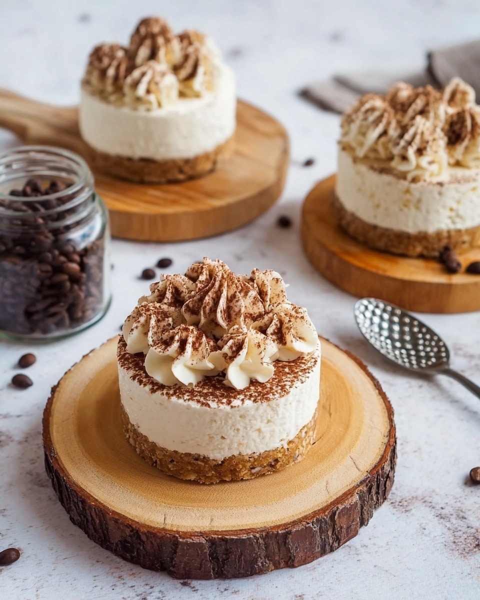 The image shows three small round cakes with three layers each. The bottom layer is a light brown crumbly crust, the middle layer is creamy white, and the top layer is decorated with soft white cream swirls dusted with brown cocoa powder. One cake is in the front on a round wooden board with natural rings and cracks, while two cakes are in the background, one on another wooden board and the other directly on the white marbled surface. There is a small jar filled with dark brown coffee beans and a perforated spoon nearby. The scene is bright and clear, with a clean white marbled background. Photo taken with an iphone --ar 4:5 --v 7