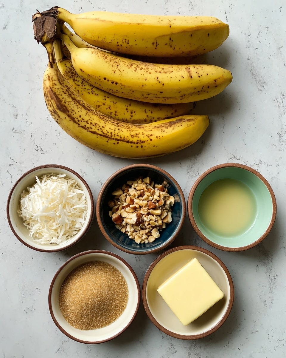 A bunch of three ripe yellow bananas with brown spots sits at the top left on a white marbled surface. Below them, five small round bowls are arranged in a circle. The top left bowl has shredded white coconut and small chopped nuts inside. The top right bowl holds finely chopped light brown nuts. The center bowl contains a clear pale yellow liquid. The bottom left bowl is filled with light brown sugar. The bottom right bowl has a pale yellow square piece of butter. All the bowls are white inside with brown rims, except the coconut bowl which has a dark blue inside, the nuts bowl which has a yellow inside, and the sugar and butter bowls which have green and light blue insides. Photo taken with an iphone --ar 4:5 --v 7