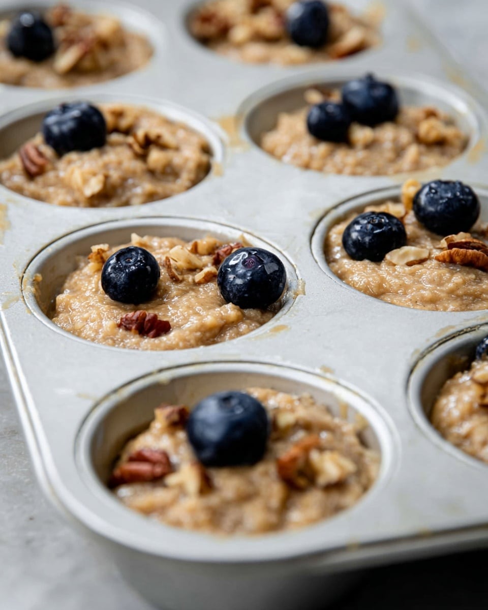 The image shows a metal muffin tray filled with raw batter for muffins. Each muffin cup has a thick, light brown batter that looks slightly chunky. On top of the batter in each cup, there are three to four whole dark blue blueberries and a few small pieces of brown nuts, giving the muffins a textured look. The batter touches the edges of the white metal muffin cups, and the tray sits on a white marbled surface. The batter's surface is uneven and soft, showing that it is ready for baking photo taken with an iphone --ar 4:5 --v 7