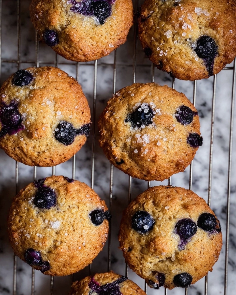 The image shows seven blueberry muffins cooling on a metal rack over a white marbled surface. Each muffin is round and golden brown with a slightly rough, crumbly texture. The tops are studded with whole, dark purple blueberries that are embedded in the muffin surface. Some muffins have a sprinkle of sugar crystals on top, adding a sparkling touch. The metal rack grid sits diagonally, giving depth to the image while highlighting the muffins’ natural, home-baked look. photo taken with an iphone --ar 4:5 --v 7