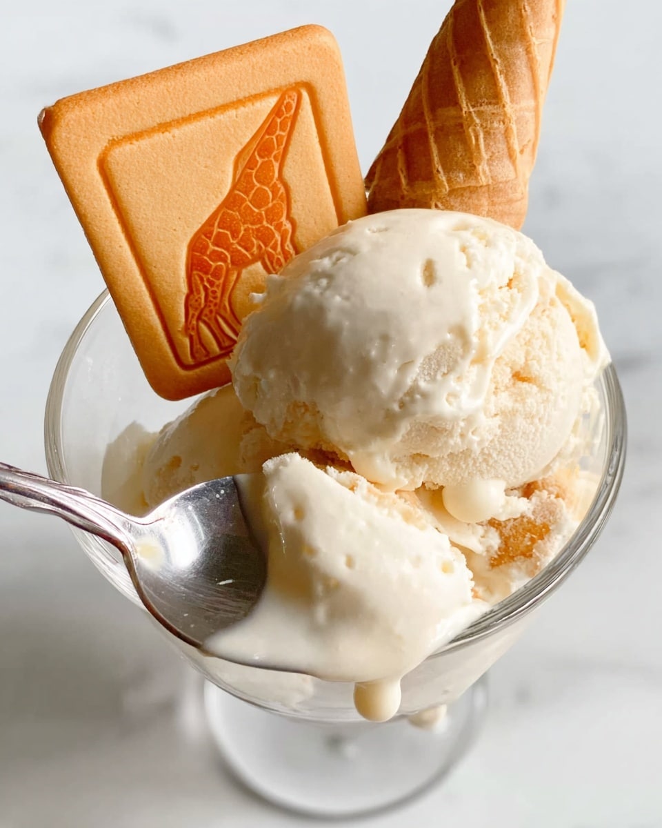 A clear glass dessert cup holds two scoops of light cream-colored ice cream. One scoop is slightly melting, causing some creamy liquid to drip down. Stuck into the ice cream are a golden-brown waffle cone piece on the right and a rectangular cookie with an orange giraffe design on the left. In front of the cup, a silver spoon is scooping up some of the melting ice cream. The scene is set on a white marbled surface. photo taken with an iphone --ar 4:5 --v 7