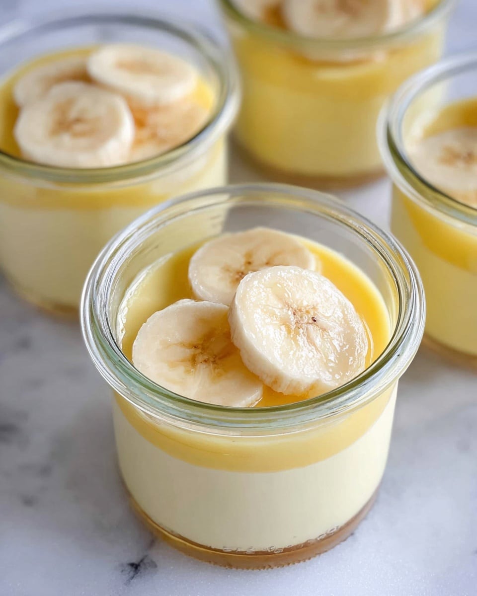 The image shows small clear glass jars with two visible layers. The bottom layer is a smooth, pale yellow pudding that fills most of the jar. On top, there are four round banana slices placed flat, showing their creamy white color with light brown centers. The jars are arranged on a white marbled surface, and the focus is on the close-up jars in the foreground, with more jars blurred in the background. photo taken with an iphone --ar 4:5 --v 7