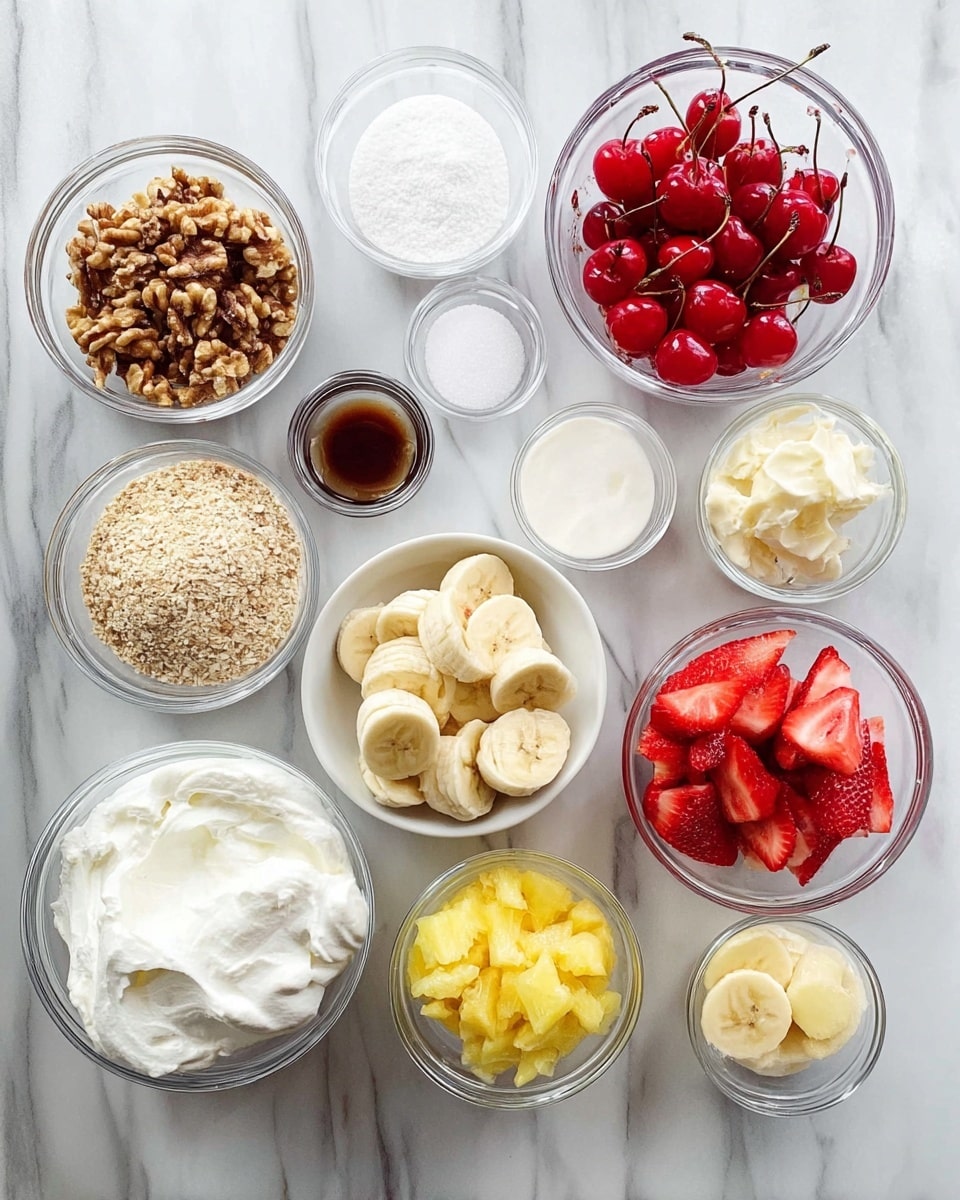The image shows eleven small clear bowls arranged on a white marbled surface, each containing different ingredients. There is one bowl with finely chopped walnuts showing a coarse texture and light brown color, and another bowl with bright red maraschino cherries with stems on top. A bowl with a light tan crumbly mixture sits nearby. Several bowls contain soft, creamy white substances including one large bowl filled with whipped cream and another with a thicker white cream. A small bowl holds granulated white sugar, and another bowl features a dark brown thick syrup. One bowl has a yellow butter and crushed pineapple mix next to a bowl filled with finely crushed yellow pineapple pieces. There are also sliced bananas that are light yellow with curved round edges and bright red sliced strawberries with a fresh juicy look. The whole setup is neat and well-lit. Photo taken with an iphone --ar 4:5 --v 7