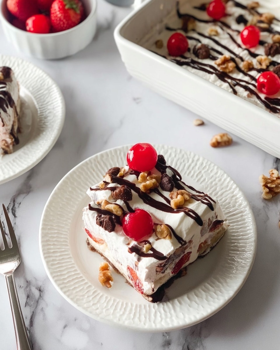 The image shows a square piece of layered dessert on a white textured plate. The dessert has several layers: a light-colored base, followed by a creamy white layer with visible chunks of fruit, then topped with a thick white whipped layer. The top layer is decorated with dark chocolate syrup drizzled in stripes, whole red cherries, and scattered pieces of walnut. Next to the plate is a silver fork on a white marbled surface. In the upper right corner, a white rectangular dish holds the rest of the dessert, also garnished with cherries, walnut pieces, and chocolate drizzle. In the upper left corner, there is a small white bowl with a few large red strawberries. photo taken with an iphone --ar 4:5 --v 7