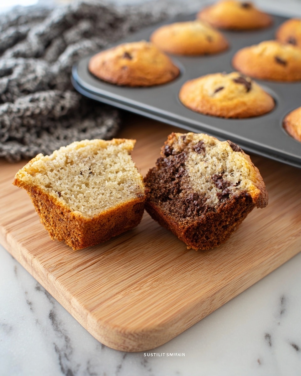 The image shows a split muffin placed on a light wooden board with a textured surface. The muffin has two layers: the top layer is light beige with a soft crumb texture, while the bottom layer is darker brown with visible chocolate chips embedded throughout both layers, giving a speckled look. Behind the board is a dark gray muffin tray holding whole muffins with golden-brown, slightly rounded tops in each mold. In the background, a black, gray, and white crocheted cloth is partially visible on a white marbled surface. photo taken with an iphone --ar 4:5 --v 7