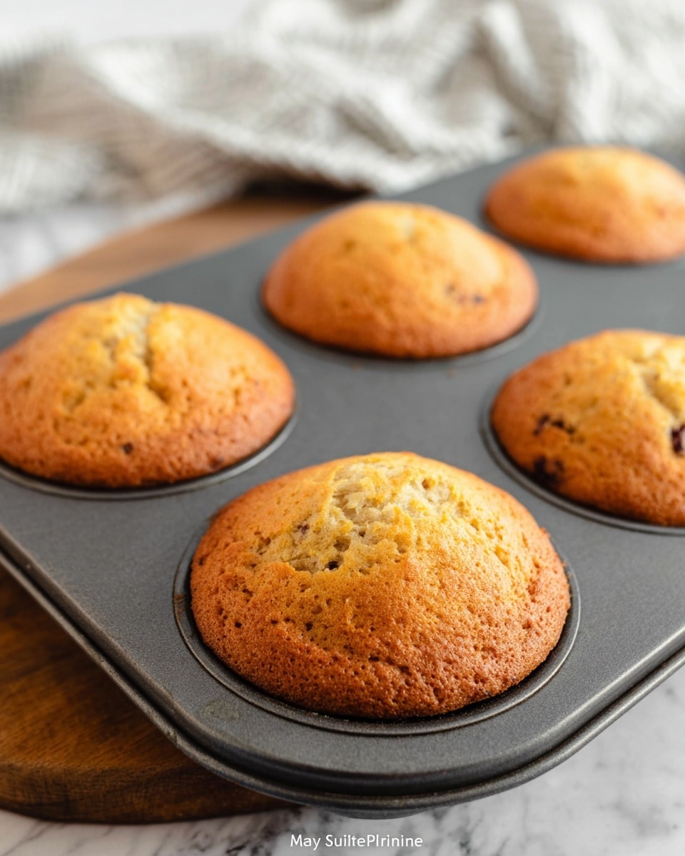 The image shows a close-up of a dark gray muffin tray holding seven golden brown muffins that have slightly cracked tops with a soft texture. Each muffin is round and has an even golden crust with some darker brown spots, indicating they are freshly baked. The tray sits on a wooden surface with a blurred white and gray cloth in the background, all on a white marbled texture. photo taken with an iphone --ar 4:5 --v 7