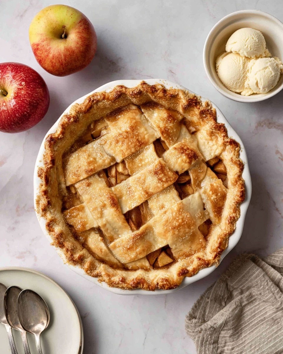 A golden brown apple pie with a flaky lattice crust sits centered in a white pie dish. The lattice strips are thick and slightly shiny, showing a few spots of darker baking color. The pie edges are crimped and puffed, adding texture. Surrounding the pie on a white marbled surface are three red and yellow apples, a small white bowl filled with creamy vanilla ice cream, two stacked white plates, and two spoons resting on the plates. The scene is bright and cozy, showing a warm and inviting dessert setup. photo taken with an iphone --ar 4:5 --v 7