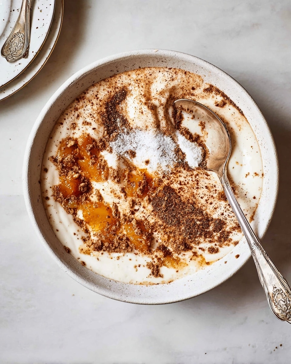 The image shows a white bowl with a creamy liquid base, layered with golden, slightly chunky caramelized pieces on one side. On top, there are scattered light brown and dark brown powder spices, with some white granulated texture near the center, and the spices form irregular patches blending into the cream. A silver spoon with a decorative handle rests inside the bowl on the right edge. The bowl sits on a white marbled surface, and part of another white plate with a silver spoon on top can be seen in the upper left corner. photo taken with an iphone --ar 4:5 --v 7