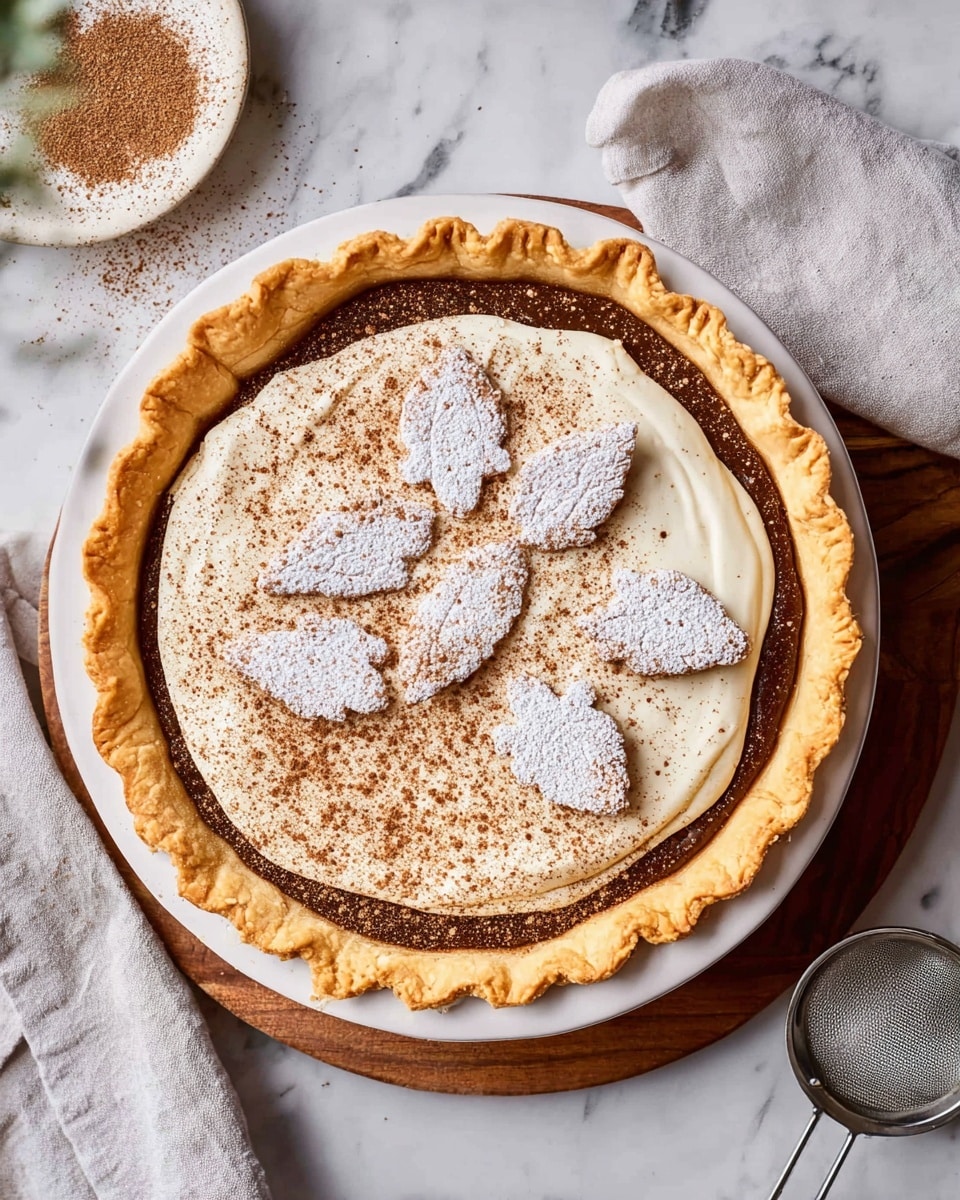 A close-up top view of a pie with three visible layers: the outermost layer is a golden, crimped pastry crust; inside that is a dark brown layer of filling; topped with a smooth cream-colored layer sprinkled with a fine dusting of brown spice. On top, there are several decorative leaf-shaped pieces of pastry dusted with white powdered sugar, arranged in a scattered pattern across the top. The pie rests on a white plate placed on a wooden board over a white marbled surface with a light gray cloth nearby, and a metal sieve with spice remnants beside it. Photo taken with an iphone --ar 4:5 --v 7