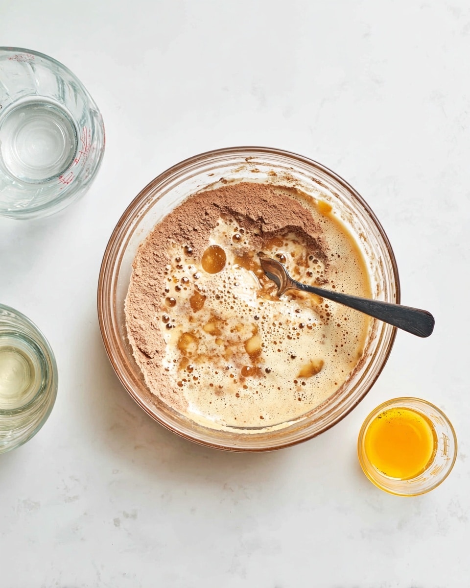 A clear glass bowl on a white marbled surface holds a mix with layers: a dry light brown powder around the edges, a frothy beige liquid with bubbles and darker spots in the middle, and a black spoon partially resting inside the bowl on the right side. Around the bowl, there is a small clear glass container with a yellow-orange drop of liquid near the bottom right, and two clear measuring cups with transparent liquid at the left side of the bowl. The photo is taken with an iphone --ar 4:5 --v 7