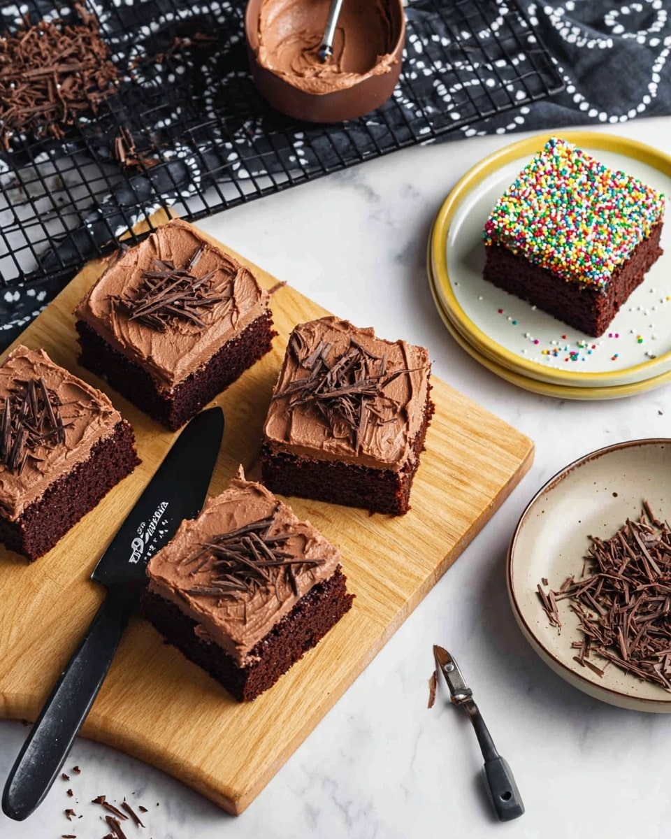 Four square pieces of chocolate cake are shown, each with two layers: a dark brown moist cake base topped with a thick layer of light brown chocolate frosting. Three pieces on a light wooden board are decorated with thin chocolate shavings, and one piece on a white plate with a faint yellow rim is topped with colorful round sprinkles. A small brown bowl with some chocolate frosting inside and a black spatula rests beside a black wire cooling rack holding another frosted cake piece. Scattered chocolate shavings and a black peeler are also on the board, all set against a white marbled surface with a dark cloth featuring light circles nearby. photo taken with an iphone --ar 4:5 --v 7