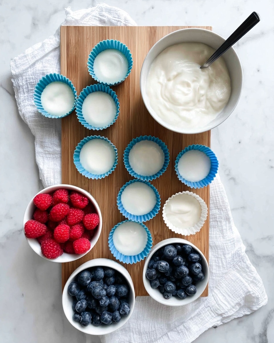 A top view of a wooden board on a white marbled surface with several blue and white silicone cupcake liners arranged on it, some filled with white creamy yogurt and some empty. A large white bowl filled with more white yogurt is placed at the top right corner of the board with a black spoon inside. Below the board, there are two small white bowls, one filled with fresh red raspberries and the other with dark blue blueberries, both sitting on a white cloth with subtle folds. The overall scene has a clean and fresh look, with soft natural light highlighting the colors and textures. photo taken with an iphone --ar 4:5 --v 7