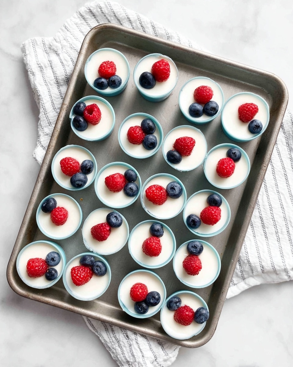 The image shows a metal baking tray on a white marbled surface with a white cloth and a striped cloth partially visible underneath. Inside the tray, there are 19 small cups filled with a smooth white layer, topped with one red raspberry and one blue blueberry each. The cups come in soft pastel blue and white colors, arranged evenly across the tray. The bright red and dark blue fruits provide a nice contrast against the white creamy layer inside each cup. photo taken with an iphone --ar 4:5 --v 7