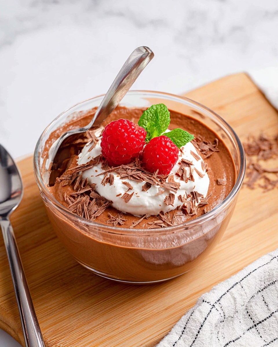 A clear glass bowl holds a rich, smooth layer of brown chocolate mousse as the base. On top is a dollop of white, creamy whipped topping, layered generously at the center and slightly uneven at the edges. Scattered finely around the whipped cream and mousse are thin, light brown chocolate shavings adding texture. Two bright red raspberries sit on the whipped topping, one larger placed behind a smaller one, both fresh and plump. Beside the raspberries, a vibrant green mint sprig adds a fresh contrast. The bowl rests on a wooden surface with some chocolate pieces scattered around. photo taken with an iphone --ar 4:5 --v 7