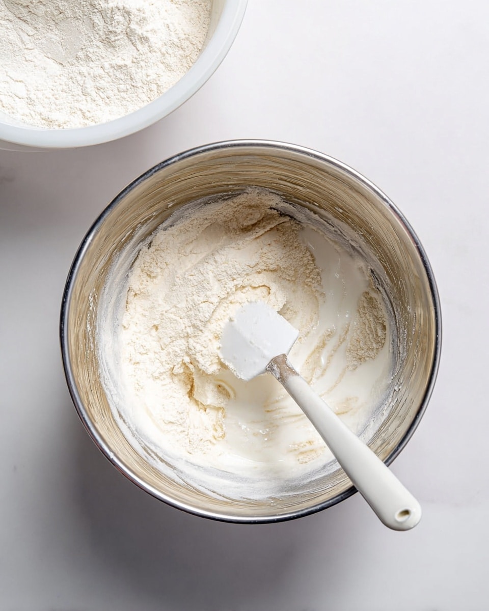 This image shows a metal mixing bowl with a white spatula inside. In the bowl, there is a mixture of two layers: a bottom layer of light beige powdery flour and a top layer of white, frothy liquid partially covering the flour. The spatula rests diagonally inside the bowl, blending the layers softly. Part of another white bowl with flour is visible in the top left corner. Everything is placed on a white marbled surface. Photo taken with an iphone --ar 4:5 --v 7