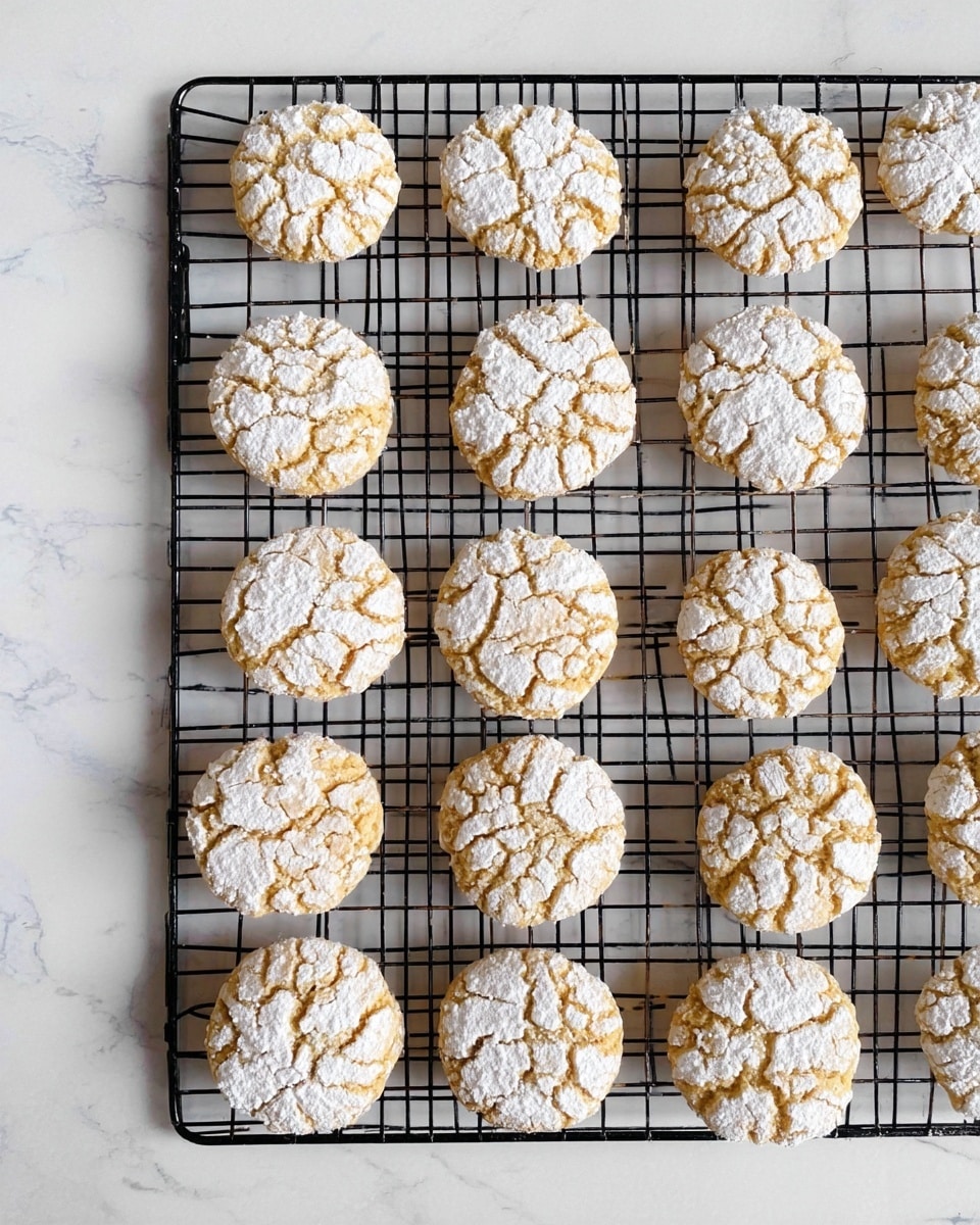 The image shows a black cooling rack on a white marbled surface with fourteen round cookies evenly spaced on it. Each cookie is a light golden-brown color with a cracked texture on top and covered with a light layer of white powdered sugar, creating a snowy effect on each cookie. The cookies have a slightly rough, crumbly surface that contrasts with the smooth powdered sugar. The cooling rack's grid pattern is clear, showing the white marbled surface through the spaces between the cookies. photo taken with an iphone --ar 4:5 --v 7