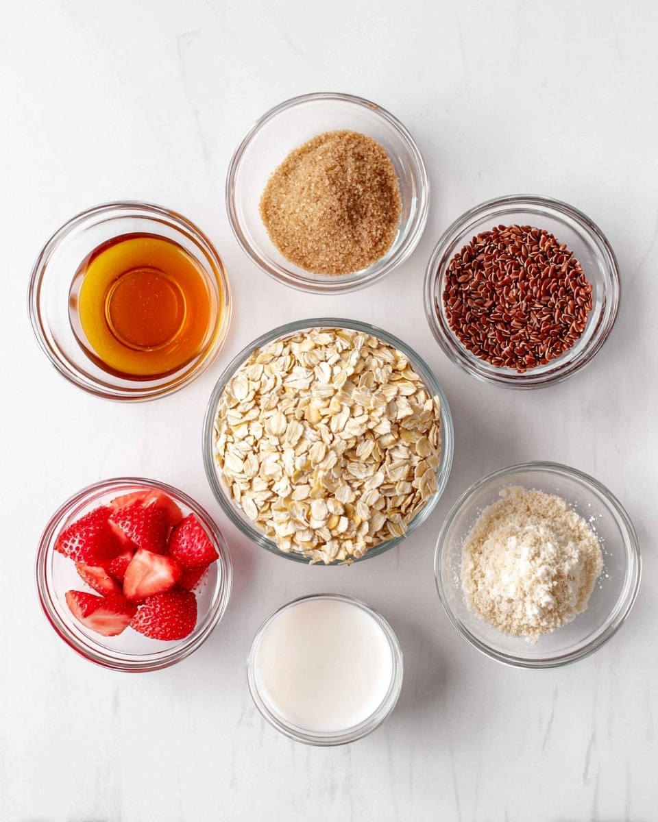 The image shows seven small clear glass bowls arranged on a white marbled surface. In the center, a larger clear glass bowl is filled with light beige rolled oats, showing their flat, smooth texture. Above this bowl, from left to right, there is a bowl with light to dark brown soft sugar, a bowl filled with small shiny reddish-brown flaxseeds, and another bowl with a thick amber-colored liquid honey that shines under the light. Below the oats, from left to right, there is a bowl holding bright red sliced strawberries with visible seeds, a bowl of white solid coconut oil with a rough texture, and a bowl with a fine beige powder that looks like protein powder. The bowls and ingredients are neatly arranged, creating a clean and fresh look. Photo taken with an iphone --ar 4:5 --v 7