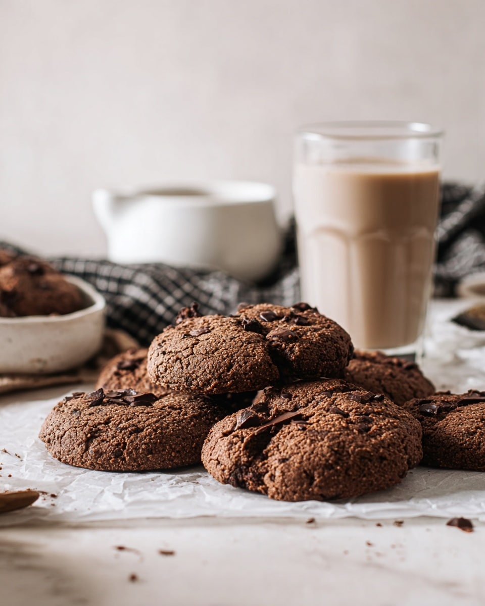 The image shows a group of thick chocolate chip cookies with a rough, grainy texture, spread out on white parchment paper on a white marbled surface. The cookies are dark brown with visible dark chocolate chips embedded in them. In the background, there is a tall glass filled with a light beige liquid, possibly milk or a milkshake, as well as a white bowl and a white creamer jug. A checkered cloth with dark lines is casually placed behind the glass and bowl, adding a cozy touch. The scene is softly lit with a neutral light, giving a warm, inviting feeling. The focus is on the cookies in the front, with the background items slightly blurred. Photo taken with an iphone --ar 4:5 --v 7