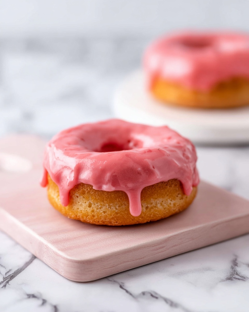 Two donuts are shown on a light pink wooden board placed on a white marbled surface. Each donut has one layer: a light brown cake base topped with smooth, thick pink glaze that drips down the sides unevenly. One donut is in focus in the front center, and the second one is slightly blurred in the back right. The background is softly light and blurred, with a white marbled texture as well. Photo taken with an iphone --ar 4:5 --v 7