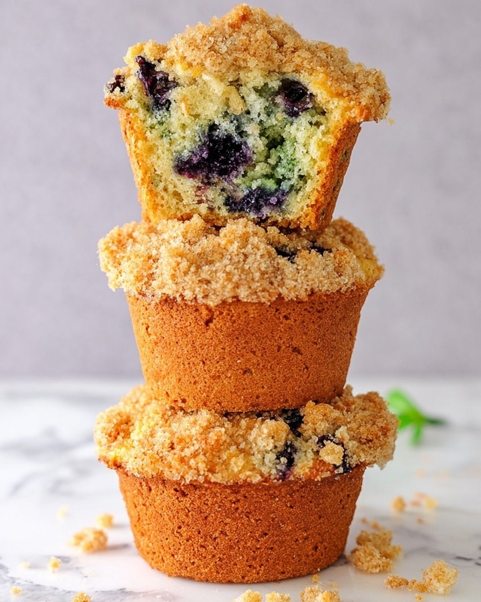 The image shows a stack of three blueberry muffins on a white marbled surface, with the top muffin cut in half to reveal its inside. The bottom muffin is whole, with a golden brown crumbly top that looks crunchy. The middle muffin is tilted, showing a few visible blueberries inside a light golden batter. The top muffin half clearly shows a moist, soft inside mixed with small dark blueberries, and a crumbly, textured golden crust on top. Small crumbs are scattered around the base of the muffins. Photo taken with an iphone --ar 4:5 --v 7