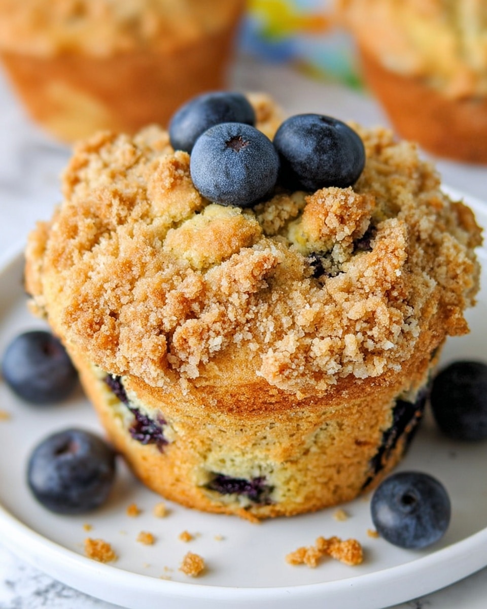 A close-up view of a golden-brown muffin with a crumbly top layer made of small pieces that look crunchy and uneven. There are several fresh, plump, dark blue blueberries placed on top and around the muffin. The main body of the muffin is soft and textured with small dark spots inside, suggesting more blueberries within. The muffin is placed on a white plate with blueberries scattered around it. The background shows a white marbled surface and some blurred colors behind. Photo taken with an iphone --ar 4:5 --v 7