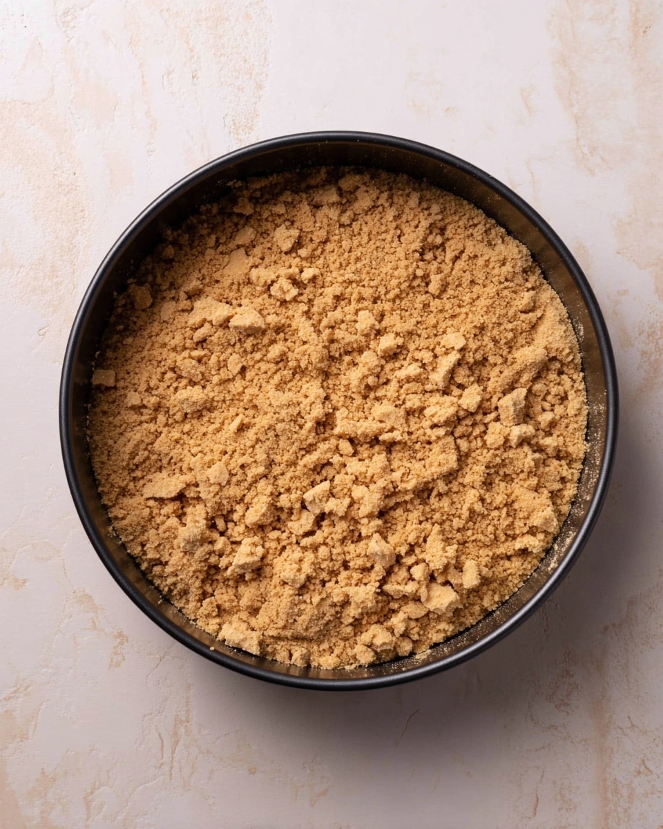 A close-up top view shows a round black baking pan filled with a single layer of crumbly, light brown crust made of crushed crumbs, unevenly spread across the bottom. The crumbs vary in size, with some larger chunks and smaller granules, creating a rough texture with a mix of slightly darker and lighter brown hues. The pan is placed on a white marbled surface, which contrasts gently with the black pan and the warm tones of the crust. photo taken with an iphone --ar 4:5 --v 7