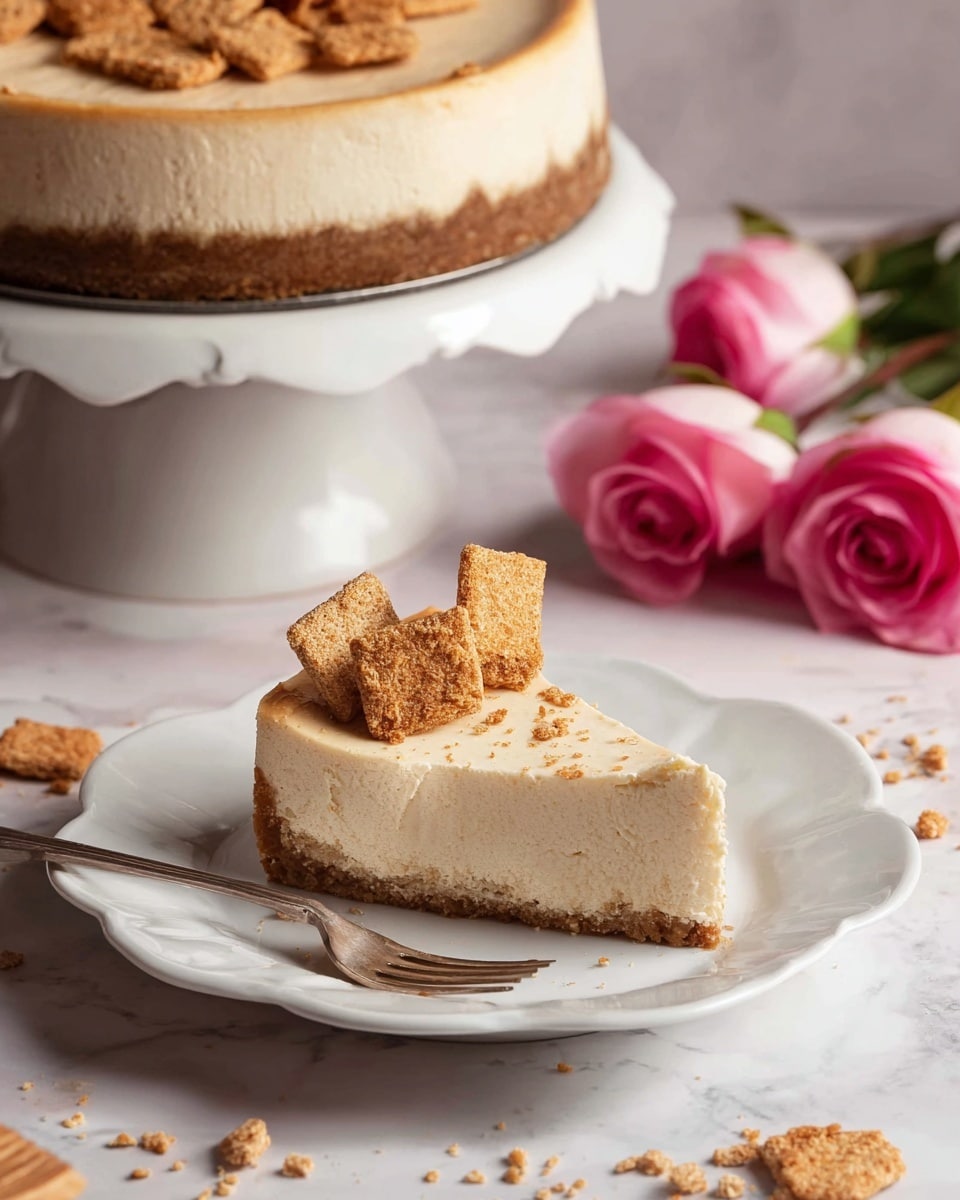 A slice of light beige cheesecake with a crumbly brown crust sits on a white plate with scalloped edges, topped with several square cereal pieces in a light brown color arranged along the back edge of the slice; crumbs are scattered around the plate and a small silver fork lies beside the slice. In the background, a full cheesecake with the same layers and cereal topping rests on a white cake stand on a white marbled surface. Two pink roses with green stems lay next to the plate, adding a soft touch of color. Photo taken with an iphone --ar 4:5 --v 7