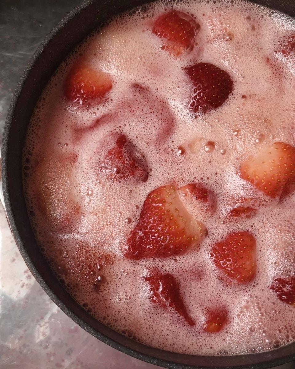 A close-up top view of a black pot filled with several whole and partly broken strawberries swimming in a bubbly, light pink foam liquid, with some foam clustering along the edges, sitting on a stove with a white marbled texture beneath it photo taken with an iphone --ar 4:5 --v 7