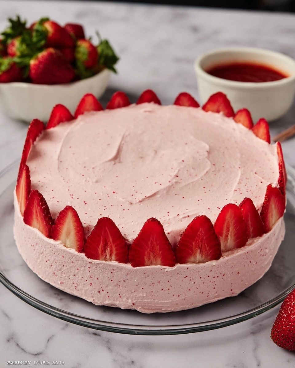 A round cake with one visible layer covered in smooth light pink frosting, with small red specks dotted on top. Around the side of the cake, there is a single row of sliced strawberries placed neatly, showing their red inner texture. The cake is placed on a clear glass plate, on a white marbled surface. There is a white bowl with a red sauce to the right and a white bowl with whole strawberries and green leaves on the left, both slightly out of focus. photo taken with an iphone --ar 4:5 --v 7