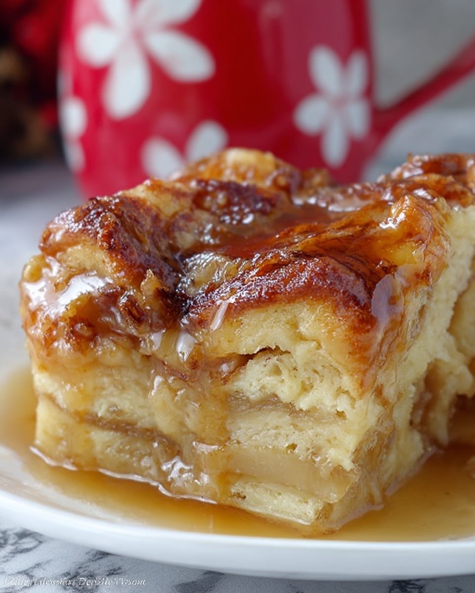 A close-up image of a thick piece of bread pudding on a white plate. The dessert shows layers of soft, moist bread with a creamy texture inside, while the top layer is golden brown and slightly crispy with caramelized edges. A light syrup or sauce coats the pudding, adding a shiny, wet look. The background features a red mug with white flower designs on a white marbled surface. photo taken with an iphone --ar 4:5 --v 7
