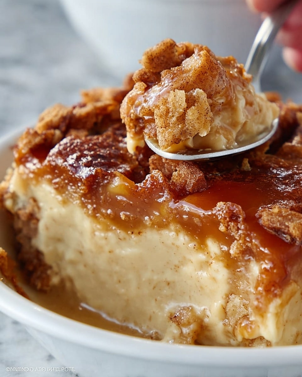 The dish shows a rich, creamy layer at the bottom, light beige in color with a smooth texture mixed with specks of cinnamon or spices. Above this is a thick, caramel-brown layer with a glossy finish that looks sticky and syrupy. The top layer has crispy, flaky pieces with a golden-brown color, adding crunchy texture. The edges show some bubbling and slight caramelization on the brown layer. The dish is served in a white bowl resting on a white marbled surface, and a woman's hand holding a spoon is visible on the right side, scooping into the dish. Photo taken with an iphone --ar 4:5 --v 7