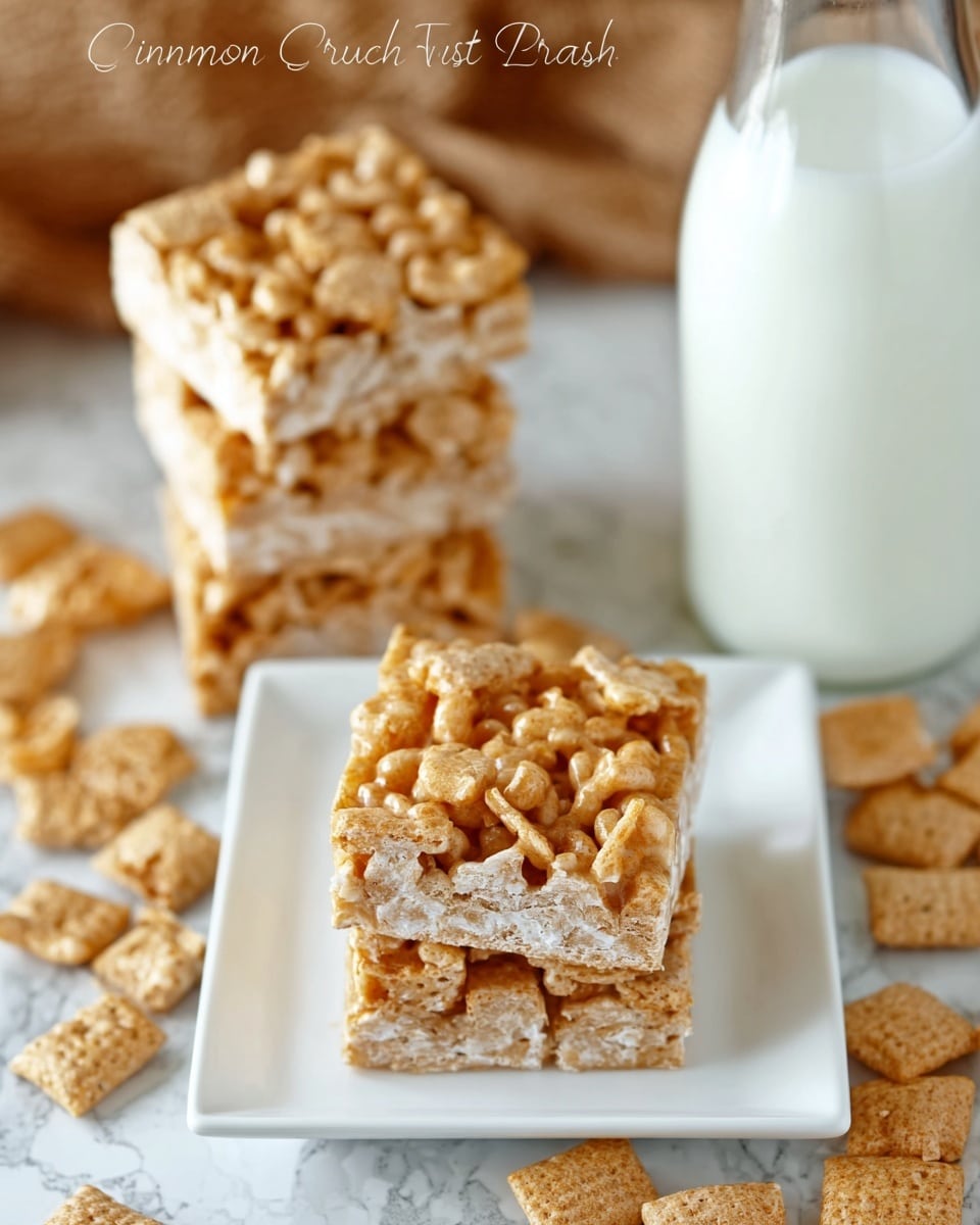 The image shows a close-up view of a square cinnamon toast crunch bar placed on a small white square plate, with crunchy cereal pieces visible in a light brown color mixed with a glossy, slightly sticky texture holding them together. In the background, more stacked bars and scattered square cereal pieces lie on a white marbled surface, with a clear glass bottle of milk partially visible to the right, showing a smooth white liquid inside. The whole setup has a warm and inviting look. photo taken with an iphone --ar 4:5 --v 7