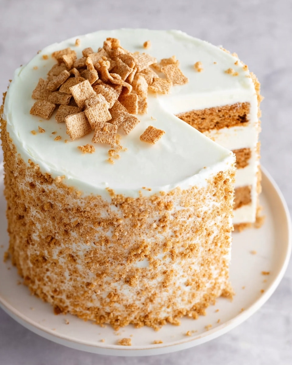 A tall round cake with three visible layers covered in smooth white frosting. The outside sides are coated with a crumbly light brown crumb layer that also decorates the top edges. On top of the cake, there is a small pile of broken light brown square cereal pieces, adding texture and color contrast. The cake is placed on a white plate with a white marbled surface beneath it. photo taken with an iphone --ar 4:5 --v 7