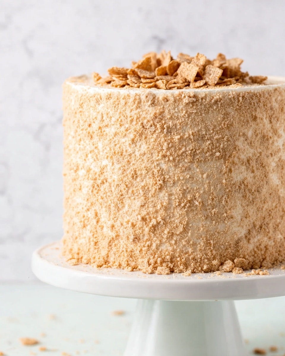 A tall, round cake with four thick layers is covered in smooth light beige frosting. The outside is fully coated with crushed cereal crumbs, giving it a rough texture. On top of the cake, there is a small pile of whole cereal pieces in light brown color. The cake sits on a pale green cake stand with a wide flat top and a thick pedestal base, placed on a white marbled surface with scattered cereal pieces around. photo taken with an iphone --ar 4:5 --v 7