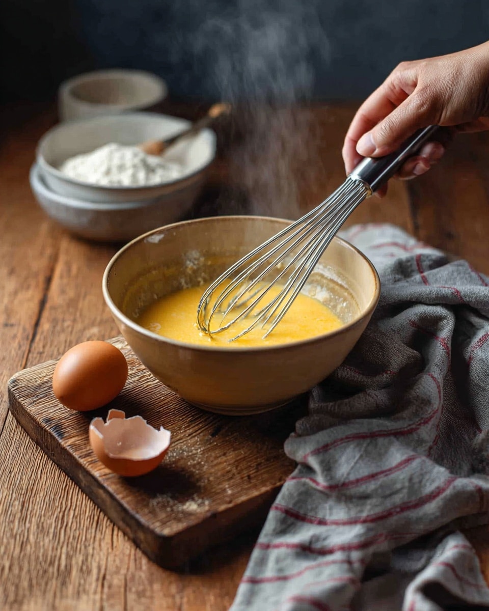 A close-up shot of a warm beige bowl filled with bright yellow liquid eggs being whisked with steam rising from it, held by a woman's hand with a silver whisk. The bowl sits on a wooden board placed on a wooden table. Nearby, there are two whole brown eggs and one cracked eggshell resting on the table. A grey cloth with thin red stripes is draped partially over the corner of the wooden board. In the background, a white marbled surface holds another bowl with a similar whisk and a container of white flour. photo taken with an iphone --ar 4:5 --v 7