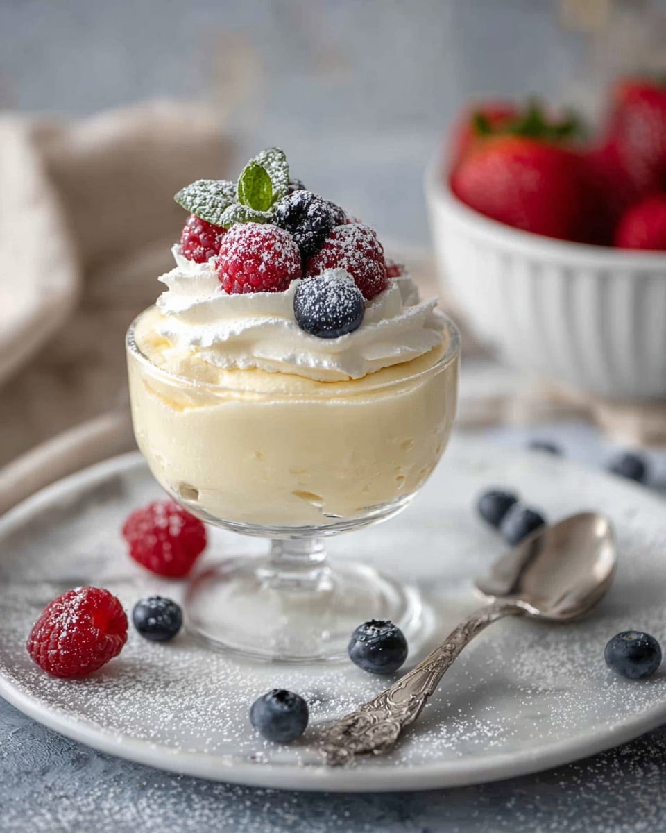 A clear glass dessert cup holds a creamy light yellow mousse with a smooth texture. On top, there is a swirl of white whipped cream, decorated with a cluster of red raspberries and dark blueberries dusted with white powdered sugar, plus a small green leaf for garnish. The cup sits on a large white marbled tray with scattered blueberries, a raspberry, and a silver spoon with an intricate handle nearby. In the background, there is a white bowl filled with more strawberries and blurred neutral tones. The photo is soft and bright, emphasizing the creamy and fresh berries. photo taken with an iphone --ar 4:5 --v 7