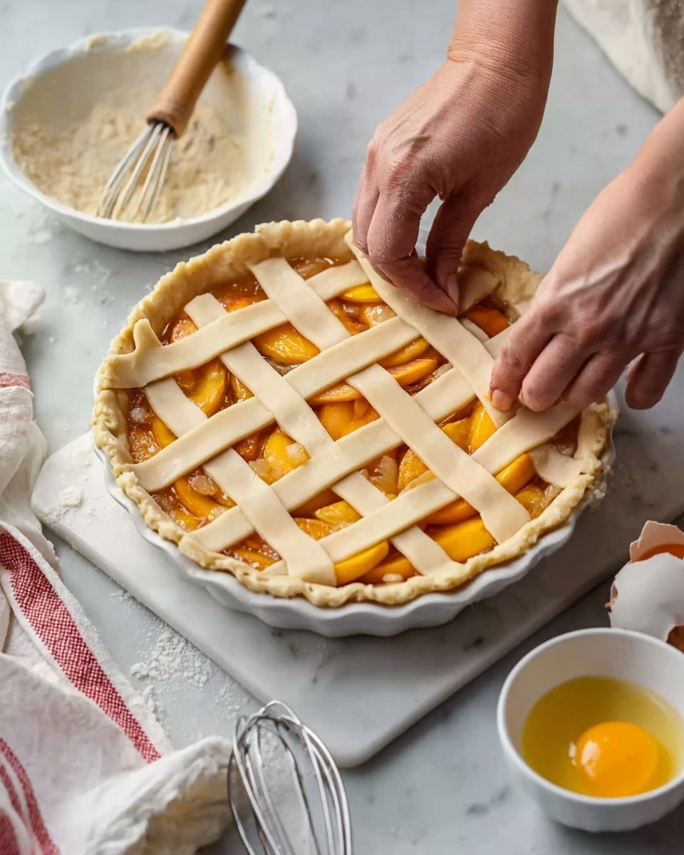 The image shows a white round pie dish with a fruit pie being assembled on a white marbled surface. The pie has a golden crust with a lattice top made of light beige dough strips arranged in a crisscross pattern, revealing slices of orange and yellow fruit underneath. A woman's hand is carefully placing one of the dough strips while holding a wooden tool. Around the pie dish are a whisk, a small white bowl with a yellow mixture, and another small white bowl with an egg yolk. The background has soft colors and a white towel with red stripes. Photo taken with an iphone --ar 4:5 --v 7